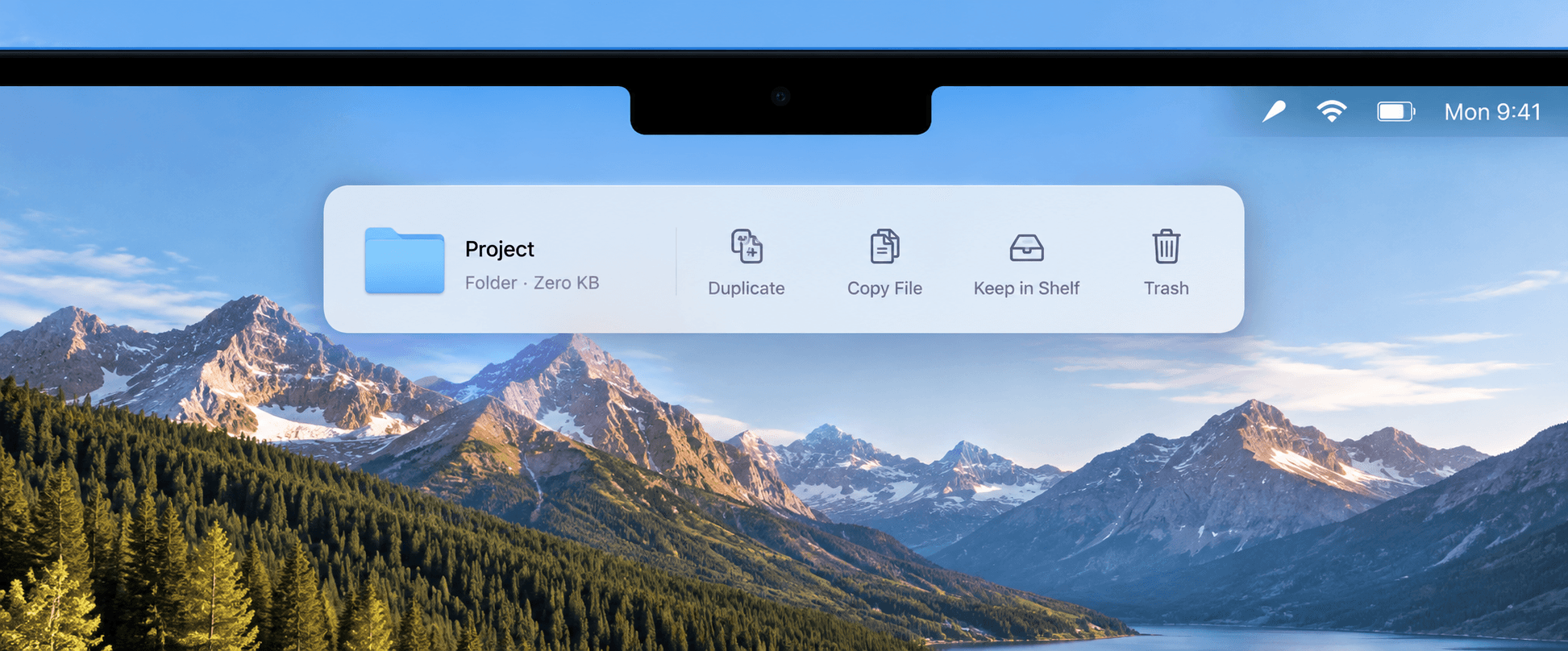 QuickDrop's expanded action panel appearing under the MacBook notch, with several file actions available